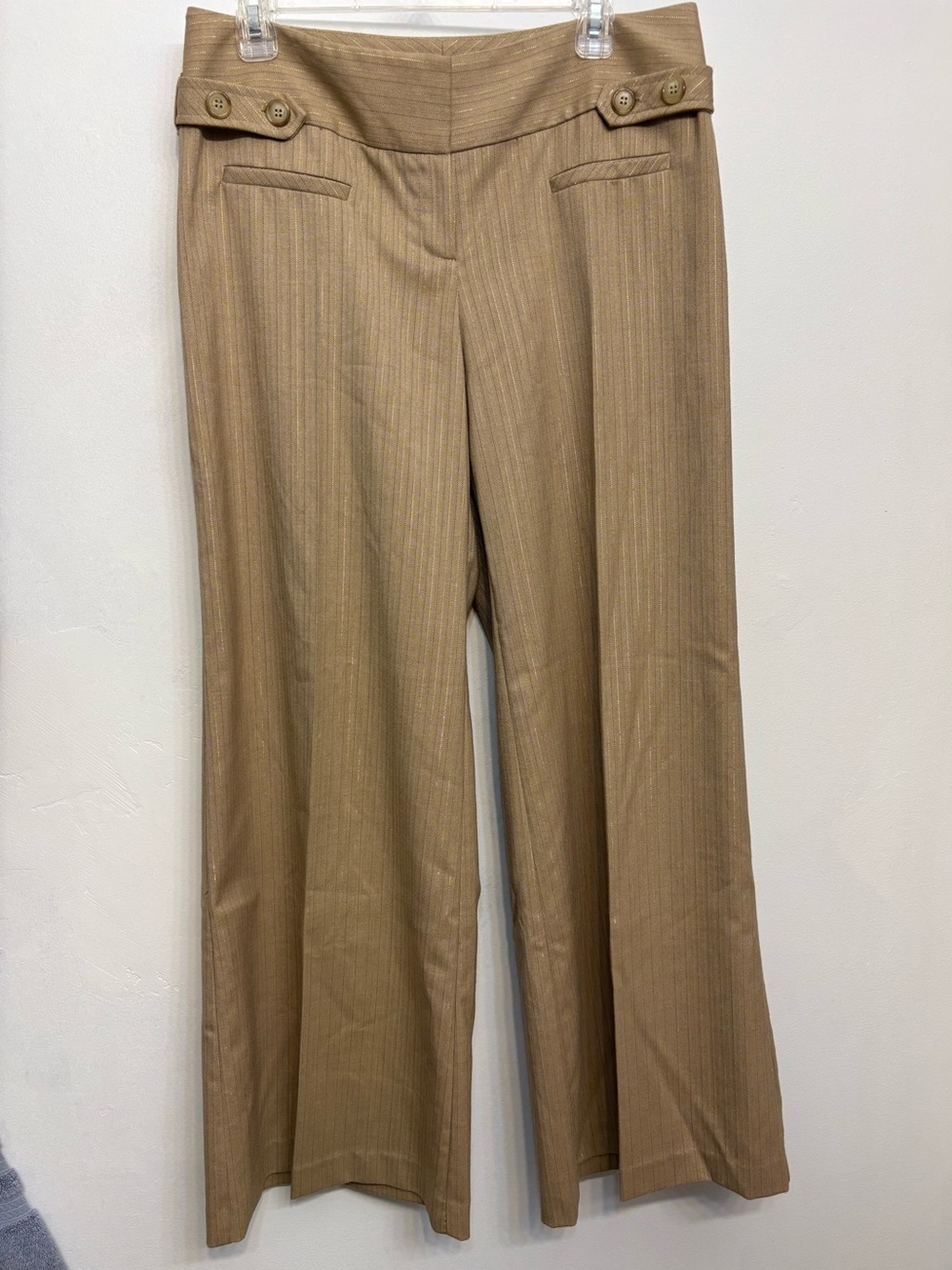 Caché Tan & Gold Metallic Pinstripe Wide Leg High Waist Dress Pants Women Size 1